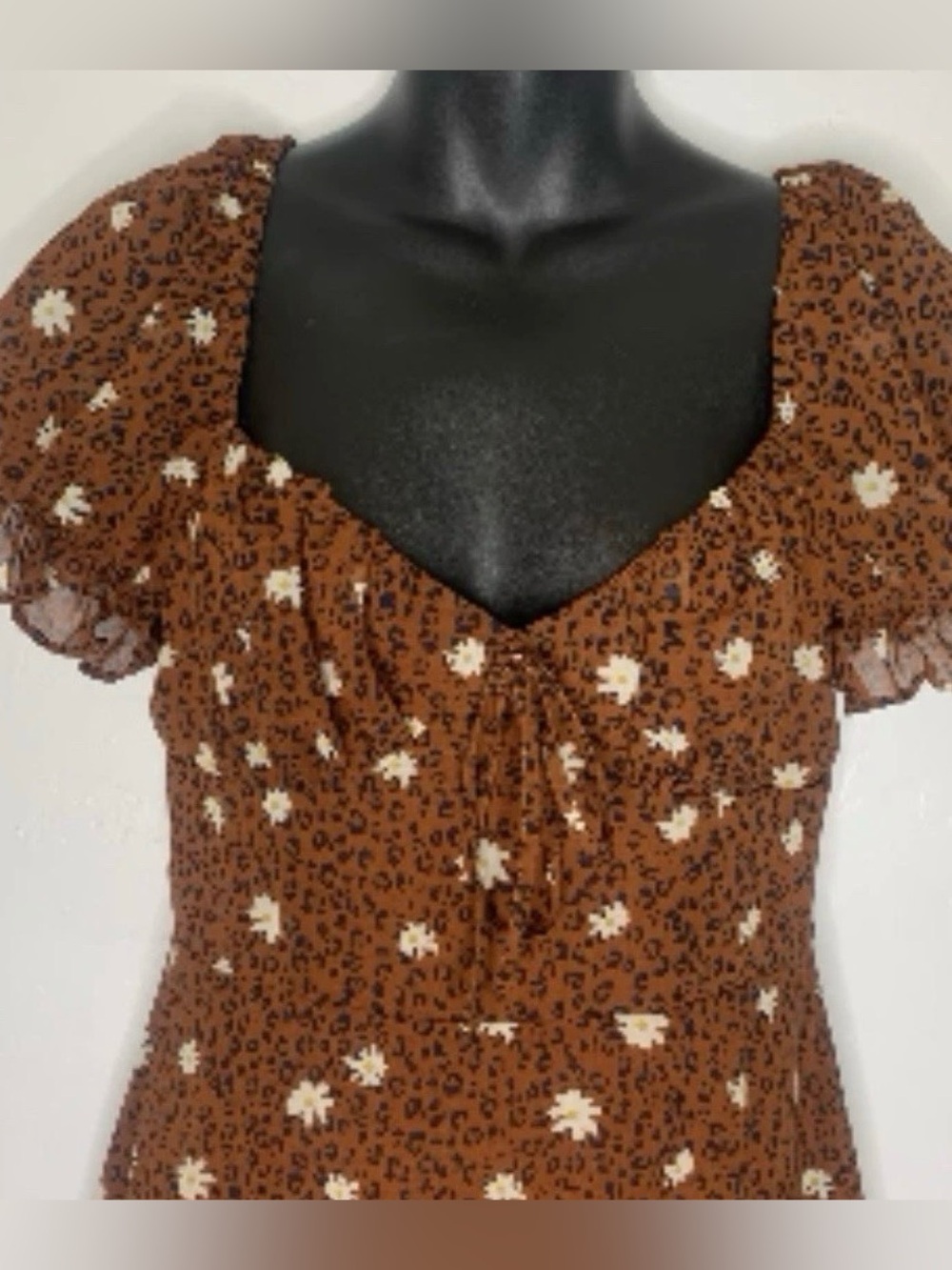 B. Smart Lined Brown Leopard Daisy Floral A-Line Puff Sleeve Mini Dress 7